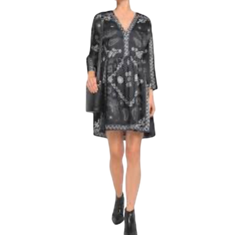 Sandro Paris Amber Paisley Printed Satin Mini Dress Black White Artsy Size‎ L